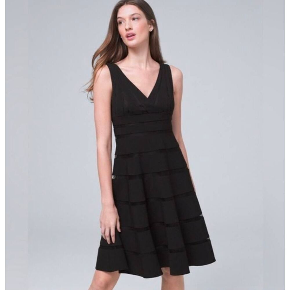 WHBM black Shadowstripe sheer insert fit & flare v-neck party LBD dress womens 4